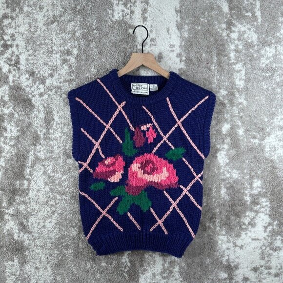 St John Vest Small Womens Blue Knit Floral Pullover Crewneck Yarn - Picture 1 of 5